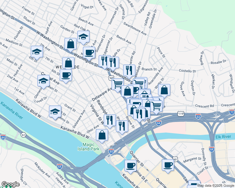 map of restaurants, bars, coffee shops, grocery stores, and more near 500 Delaware Avenue in Charleston