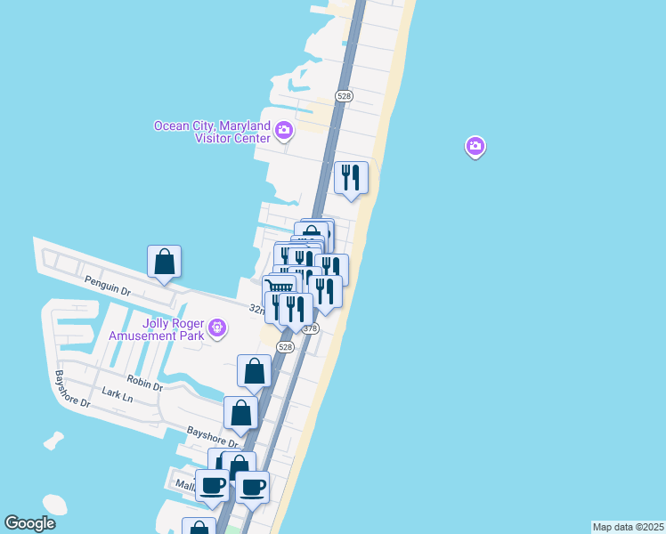 map of restaurants, bars, coffee shops, grocery stores, and more near 3 35th Street in Ocean City