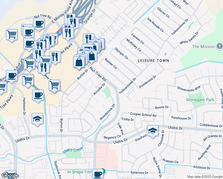 map of restaurants, bars, coffee shops, grocery stores, and more near 125 Woodstock Circle in Vacaville