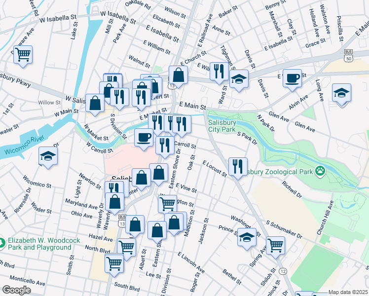 map of restaurants, bars, coffee shops, grocery stores, and more near 319 East Locust Street in Salisbury