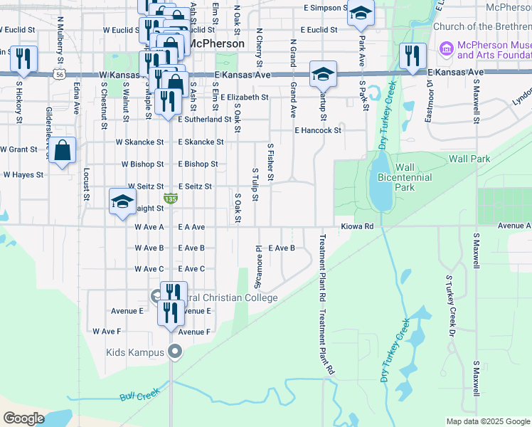 map of restaurants, bars, coffee shops, grocery stores, and more near 540 S Fisher St in McPherson