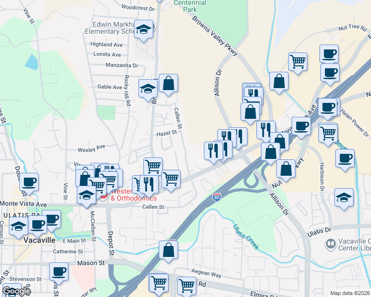 map of restaurants, bars, coffee shops, grocery stores, and more near 1355 Callen Street in Vacaville