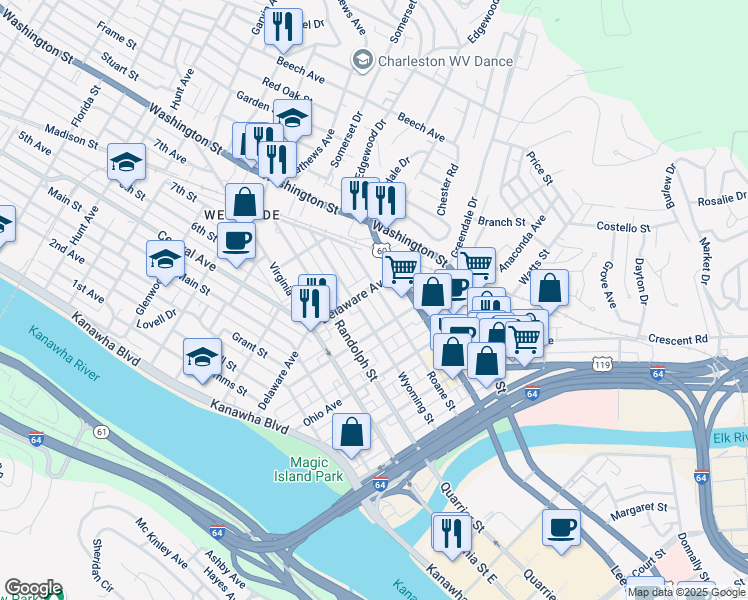 map of restaurants, bars, coffee shops, grocery stores, and more near 414 Wyoming Street in Charleston
