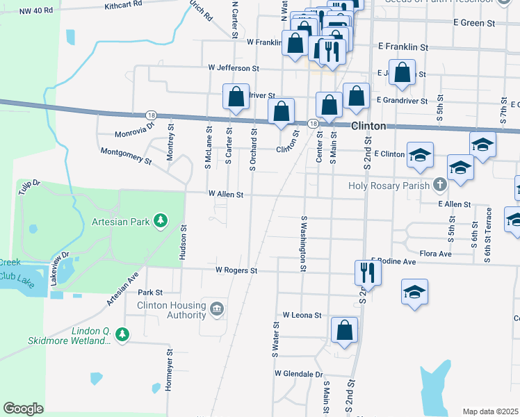 map of restaurants, bars, coffee shops, grocery stores, and more near 701-999 South Orchard Street in Clinton