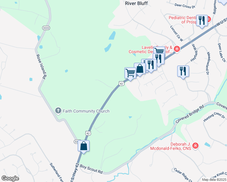 map of restaurants, bars, coffee shops, grocery stores, and more near 13050 U.S. 42 in Prospect