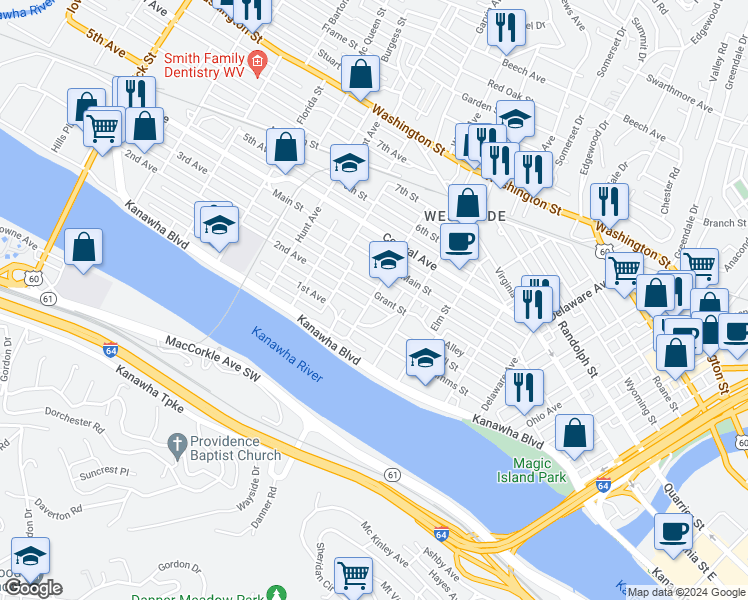 map of restaurants, bars, coffee shops, grocery stores, and more near 116 Glenwood Avenue in Charleston