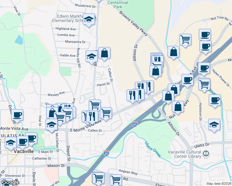 map of restaurants, bars, coffee shops, grocery stores, and more near 1342 Callen Street in Vacaville