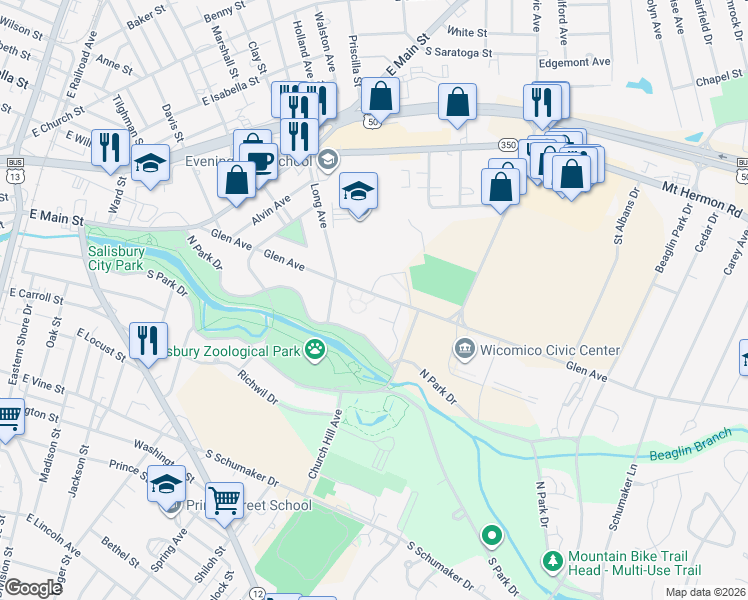 map of restaurants, bars, coffee shops, grocery stores, and more near 304 Glen Avenue in Salisbury