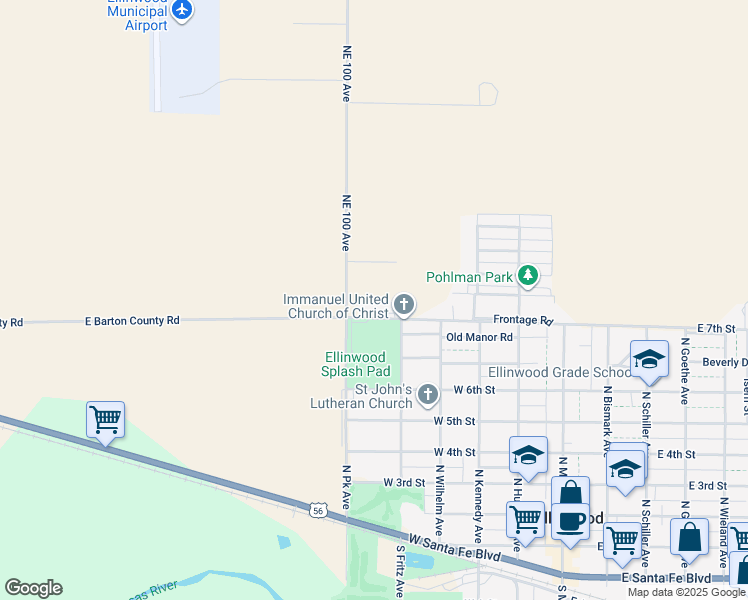 map of restaurants, bars, coffee shops, grocery stores, and more near 510 West 7th Street in Ellinwood