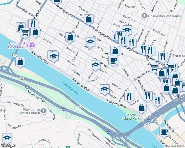 map of restaurants, bars, coffee shops, grocery stores, and more near 108A Glenwood Avenue in Charleston