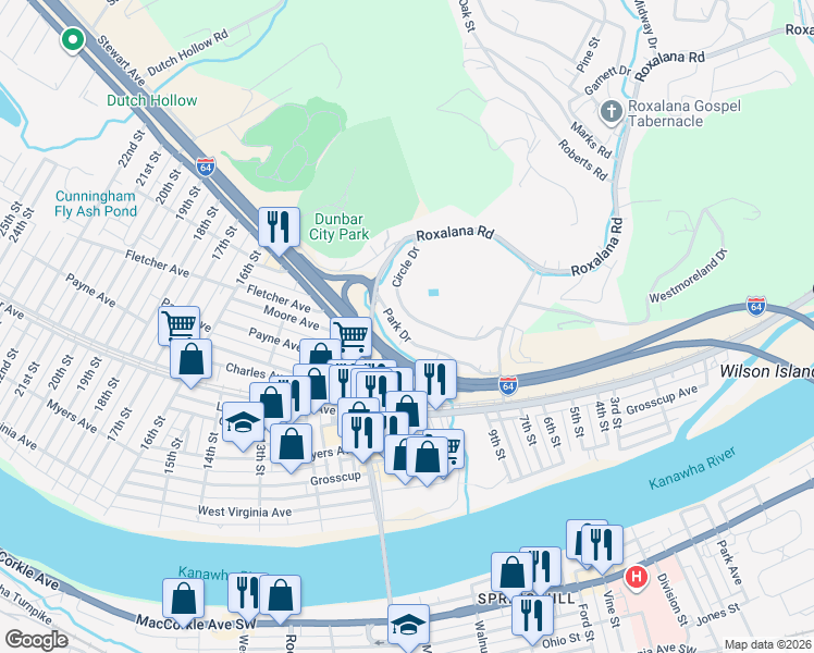 map of restaurants, bars, coffee shops, grocery stores, and more near 449 Corbin Court in Dunbar