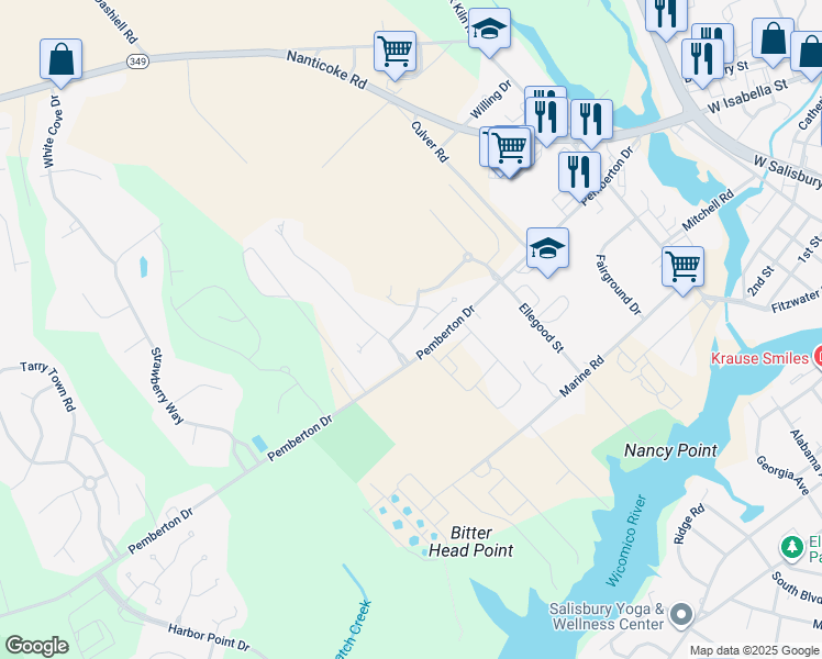 map of restaurants, bars, coffee shops, grocery stores, and more near 1451 Hidden Meadow Lane in Salisbury