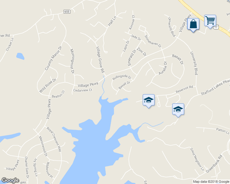 map of restaurants, bars, coffee shops, grocery stores, and more near 40 Rollingside Drive in Fredericksburg