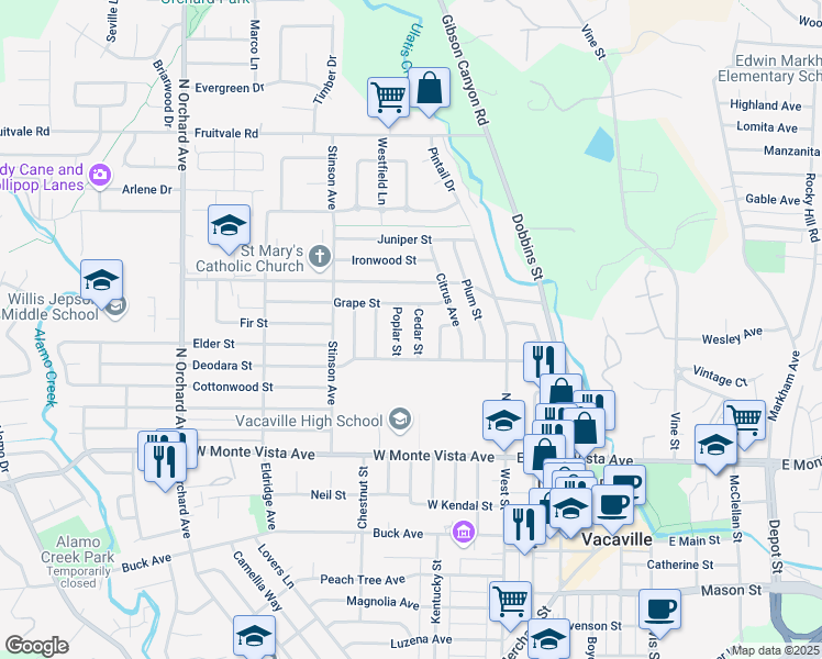 map of restaurants, bars, coffee shops, grocery stores, and more near 230 Cedar Street in Vacaville