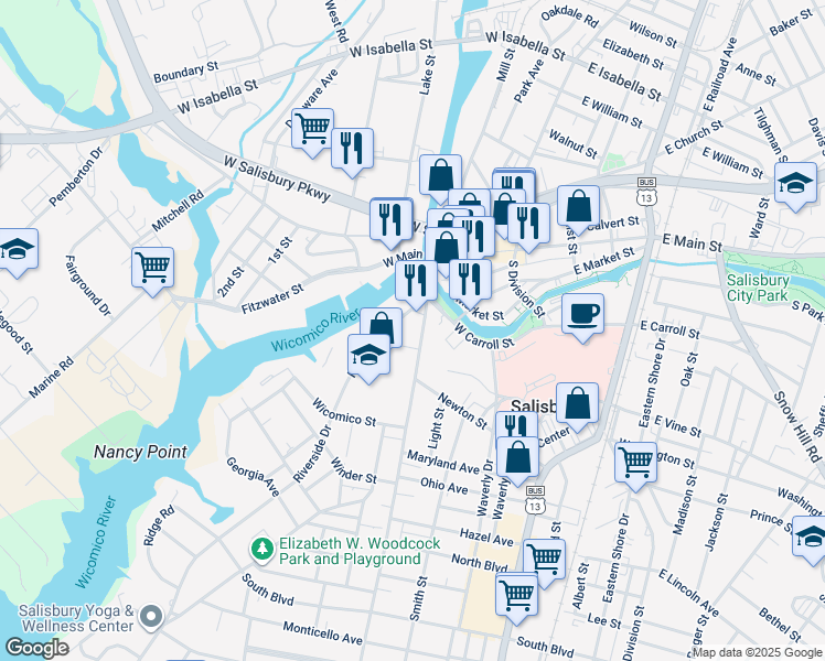 map of restaurants, bars, coffee shops, grocery stores, and more near 334 Camden Avenue in Salisbury
