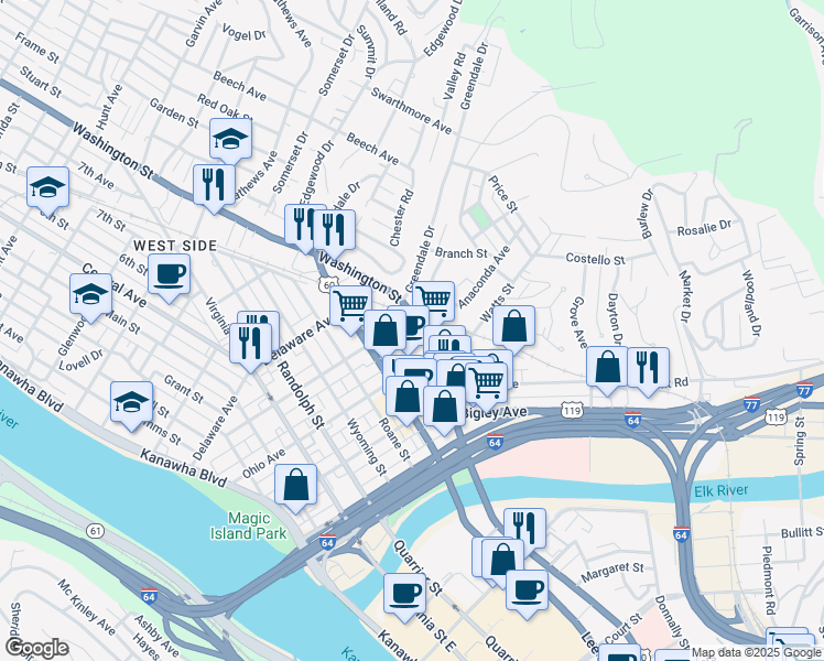 map of restaurants, bars, coffee shops, grocery stores, and more near 425 West Washington Street in Charleston