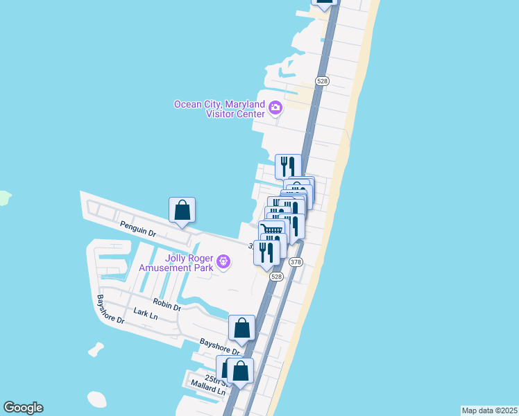 map of restaurants, bars, coffee shops, grocery stores, and more near 304 33rd Street in Ocean City