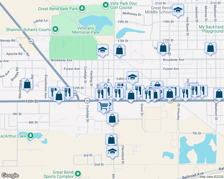 map of restaurants, bars, coffee shops, grocery stores, and more near 1017 McKinley Street in Great Bend