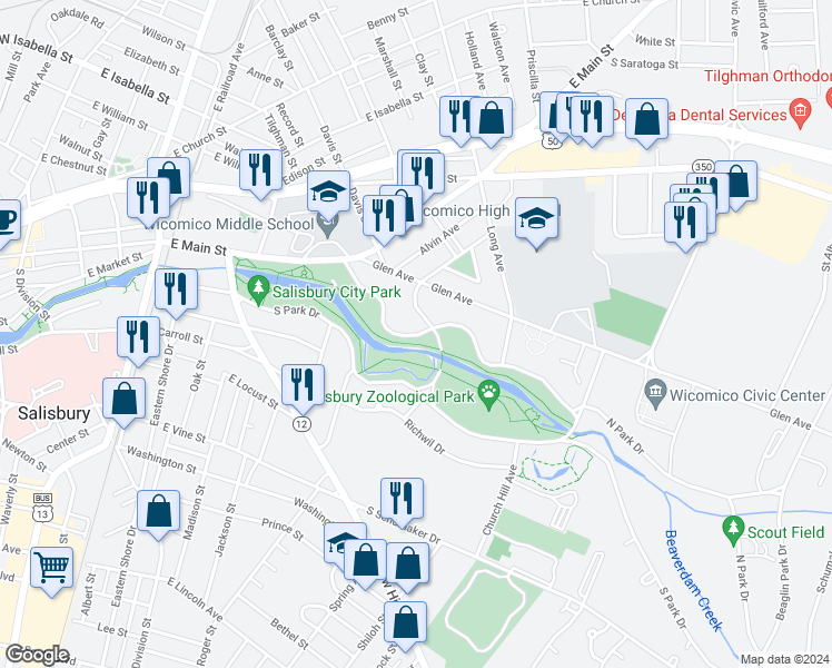 map of restaurants, bars, coffee shops, grocery stores, and more near 145 North Park Drive in Salisbury
