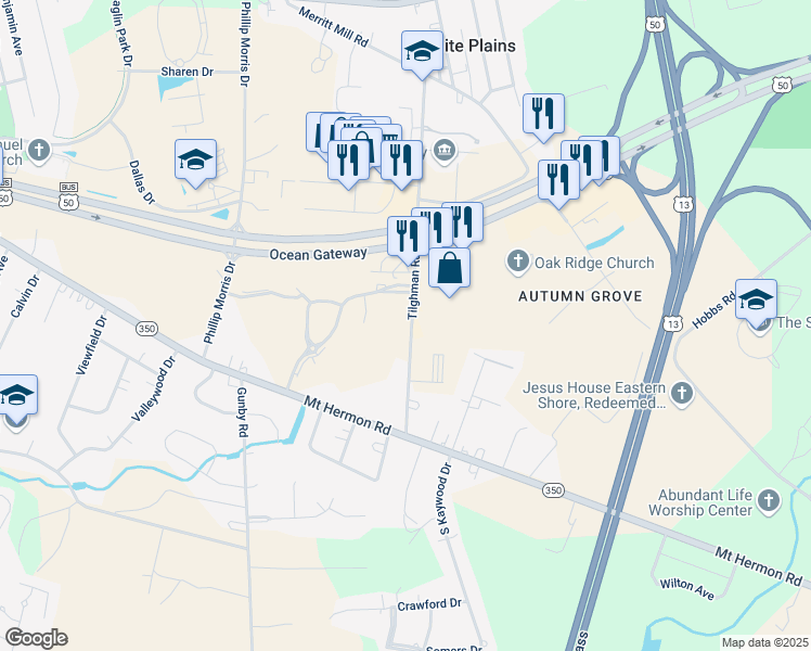 map of restaurants, bars, coffee shops, grocery stores, and more near 316 Tilghman Road in Salisbury