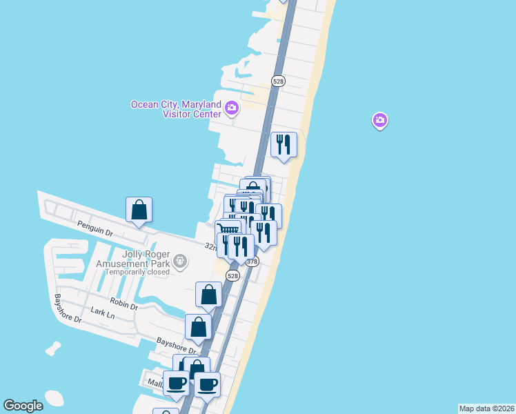 map of restaurants, bars, coffee shops, grocery stores, and more near 16 34th Street in Ocean City