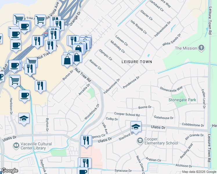 map of restaurants, bars, coffee shops, grocery stores, and more near 508 Nut Tree Court in Vacaville