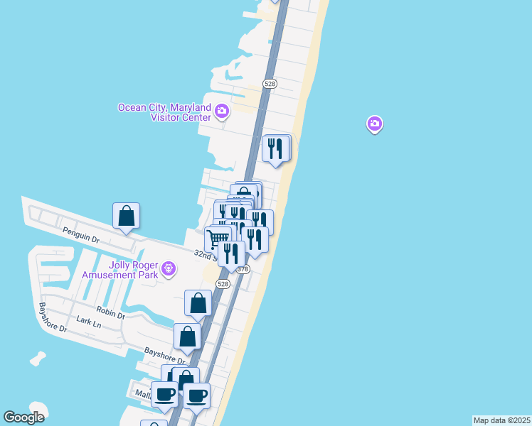 map of restaurants, bars, coffee shops, grocery stores, and more near 3 35th Street in Ocean City