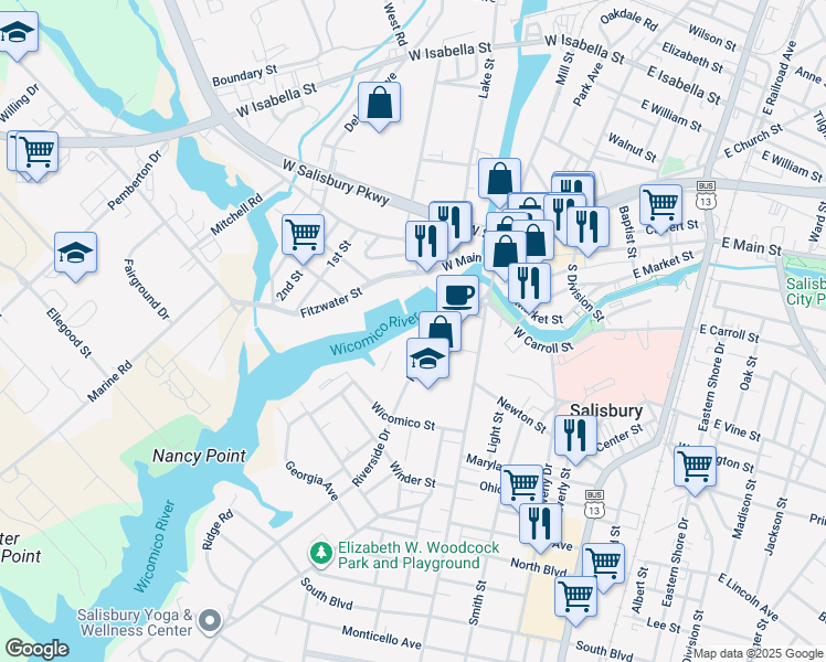 map of restaurants, bars, coffee shops, grocery stores, and more near 540 Riverside Drive in Salisbury