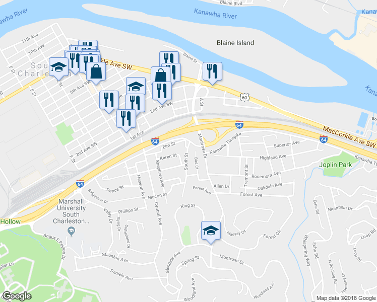 map of restaurants, bars, coffee shops, grocery stores, and more near S Street in Charleston