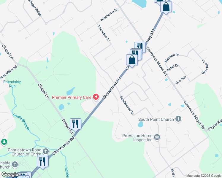 map of restaurants, bars, coffee shops, grocery stores, and more near 4620-4768 Charlestown Rd in New Albany
