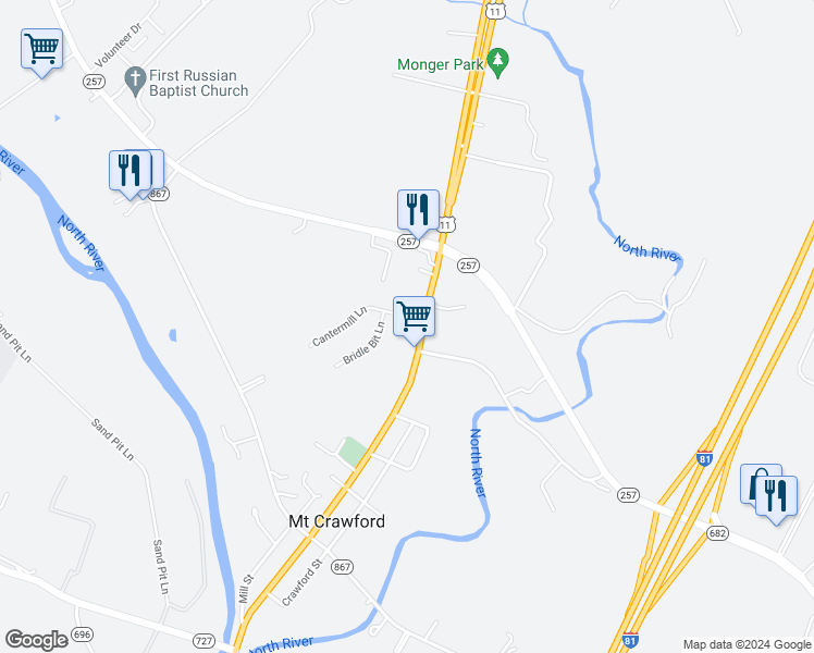 map of restaurants, bars, coffee shops, grocery stores, and more near 19 Cantermill Lane in Mount Crawford