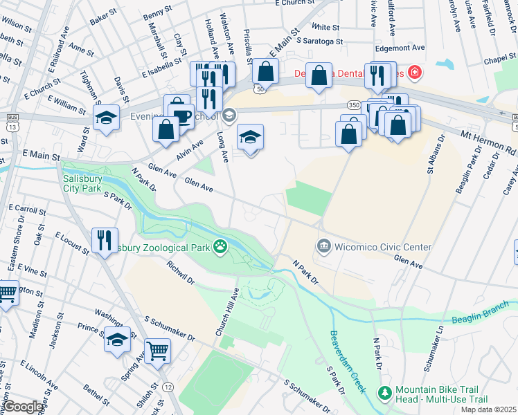 map of restaurants, bars, coffee shops, grocery stores, and more near 320 Glen Avenue in Salisbury