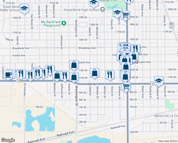 map of restaurants, bars, coffee shops, grocery stores, and more near 2507 12th Street in Great Bend