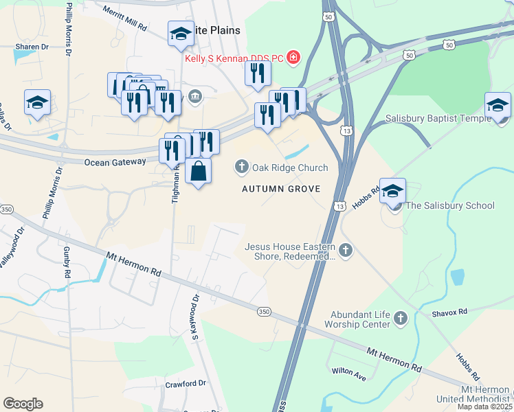 map of restaurants, bars, coffee shops, grocery stores, and more near 314 Autumn Terrace in Salisbury