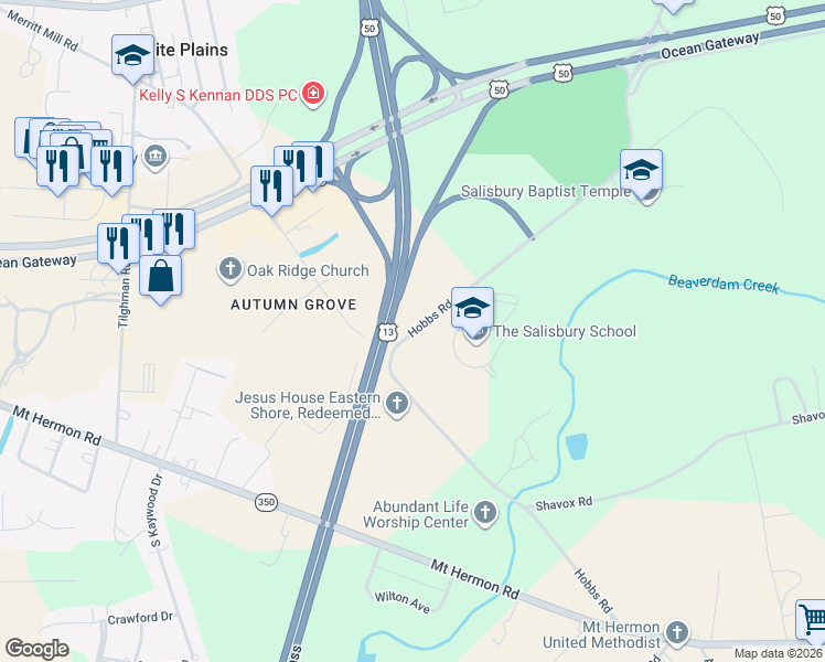 map of restaurants, bars, coffee shops, grocery stores, and more near 6171 Hobbs Road in Salisbury