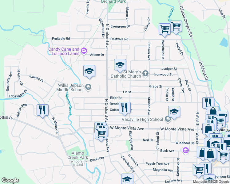 map of restaurants, bars, coffee shops, grocery stores, and more near 479 Fir Street in Vacaville