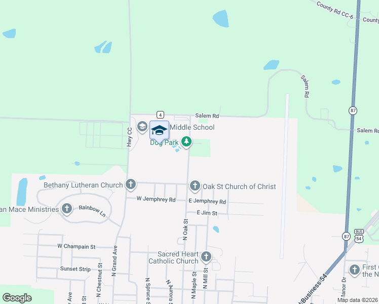 map of restaurants, bars, coffee shops, grocery stores, and more near 103 East Haynes Street in Eldon