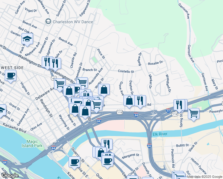 map of restaurants, bars, coffee shops, grocery stores, and more near 915 Breezemont Drive in Charleston