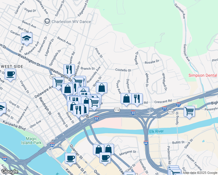 map of restaurants, bars, coffee shops, grocery stores, and more near 915 Breezemont Drive in Charleston