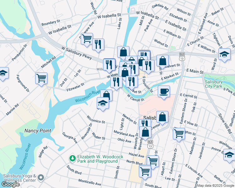map of restaurants, bars, coffee shops, grocery stores, and more near 326 Camden Avenue in Salisbury