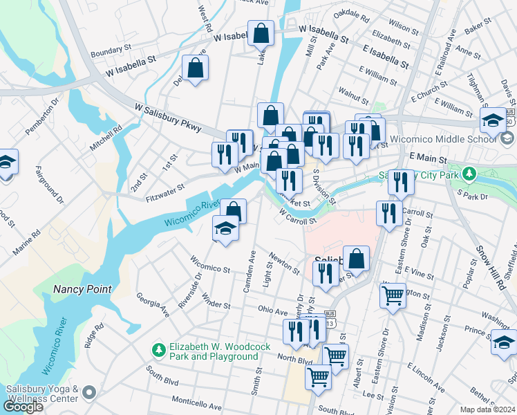 map of restaurants, bars, coffee shops, grocery stores, and more near 324 Camden Avenue in Salisbury