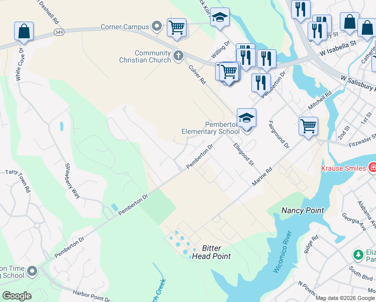 map of restaurants, bars, coffee shops, grocery stores, and more near 1437 Hidden Meadow Lane in Salisbury
