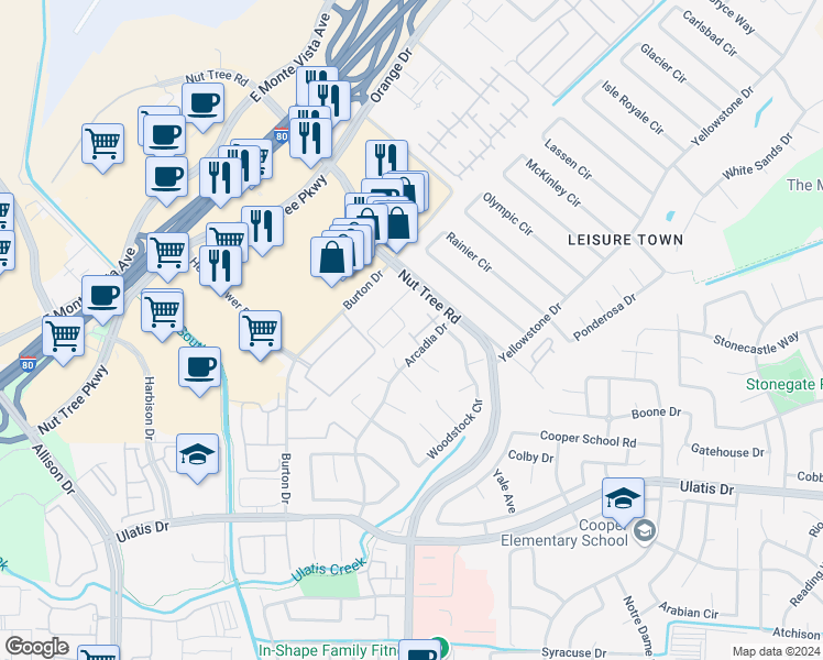 map of restaurants, bars, coffee shops, grocery stores, and more near 150 Arcadia Drive in Vacaville