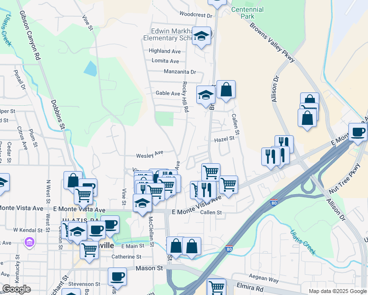 map of restaurants, bars, coffee shops, grocery stores, and more near 605 Rocky Hill Road in Vacaville
