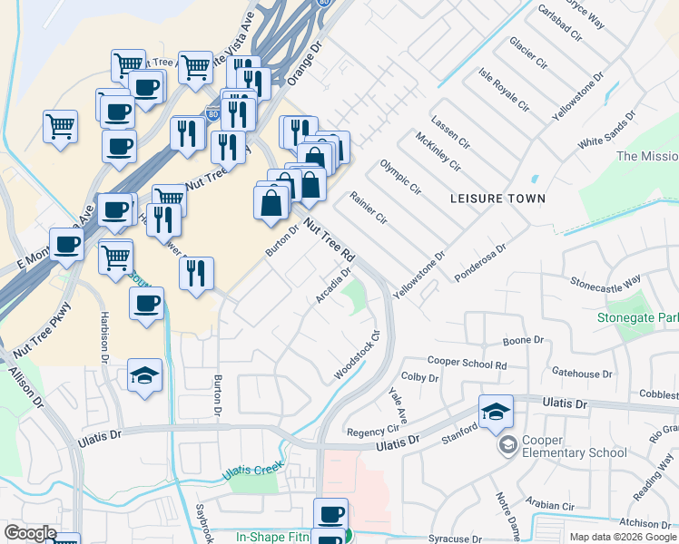 map of restaurants, bars, coffee shops, grocery stores, and more near 450 Nut Tree Road in Vacaville