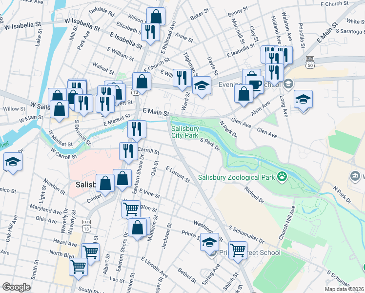 map of restaurants, bars, coffee shops, grocery stores, and more near 535 South Park Drive in Salisbury