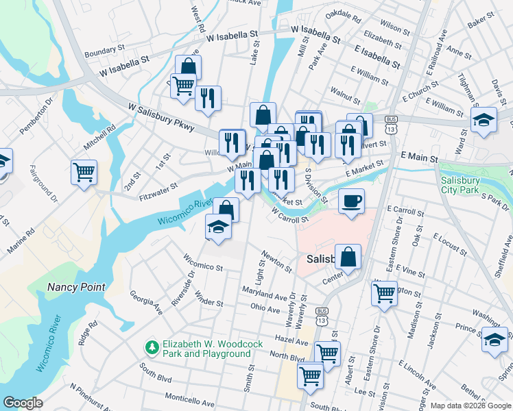 map of restaurants, bars, coffee shops, grocery stores, and more near 322 Camden Avenue in Salisbury