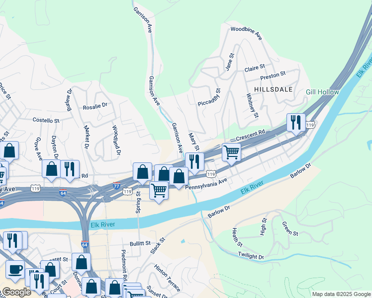 map of restaurants, bars, coffee shops, grocery stores, and more near 56 Garrison Avenue in Charleston