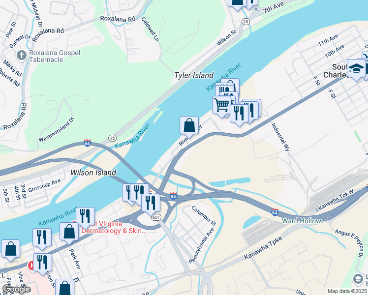 map of restaurants, bars, coffee shops, grocery stores, and more near 17 Riverside Dr in Dunbar