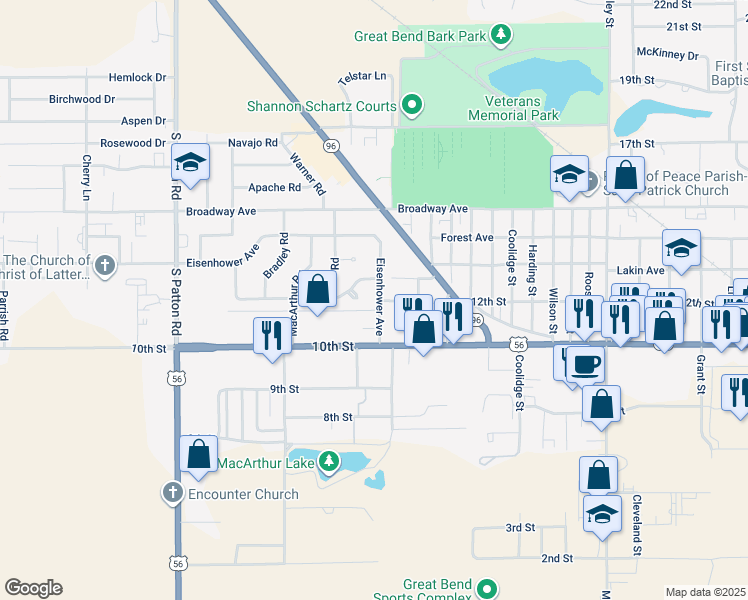map of restaurants, bars, coffee shops, grocery stores, and more near Ridgeway Drive in Great Bend
